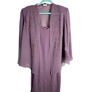 R&M Richards Purple Chiffon Beaded Strappy Dress/Jacket Evening Gown Bridal Sz 6